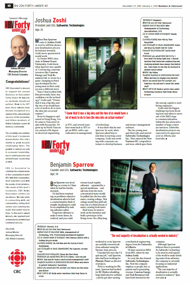 Page from BIV Top 40 Under 40 showing Saltworks Technologies Co-Founders.