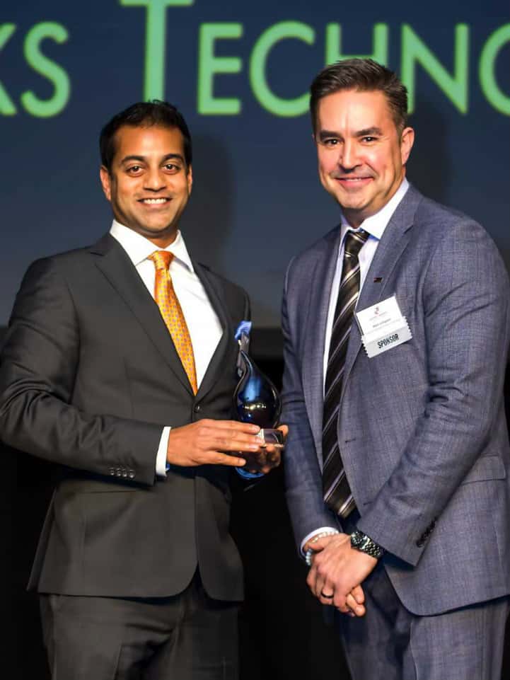 Photo of Saltworks COO Joshua Zoshi receiving a BC Export Award in the Cleantech Sector