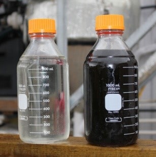Photo of raw blowdown (left) and condensed water (right) from a SaltMaker MultiEffect