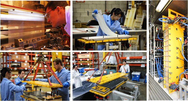 Collage of photos showing Saltworks employees manufacturing a FlexEDR stack
