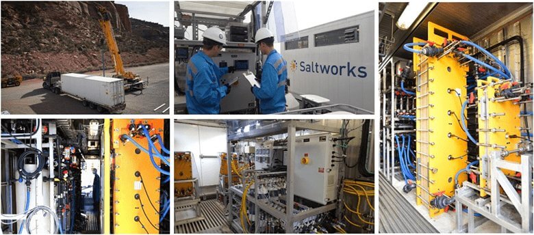 Collage of photos of FlexEDR stacks with Saltworks employees and pilot plant delivery