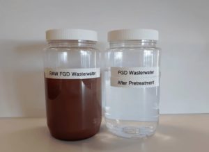 Photo comparison of FGD wastewater, one container is brown, murky and the second is clear and colorless water.