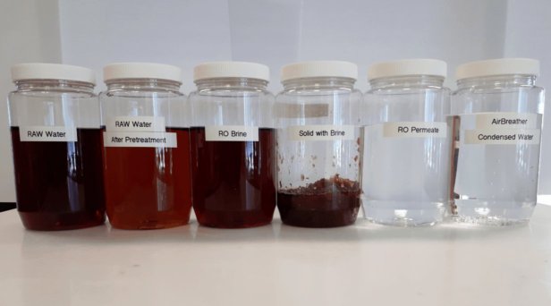 A photo of leachate water samples at various stages of the treatment process, going from dark brown and turbid to clear and colorless