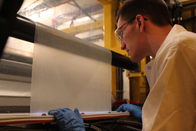 Photo of a Saltworks technician inspecting an IonFlux EDR membrane during manufacturing