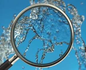 A photo of a magnifying glass examining water, representing ESG metrics and analysis