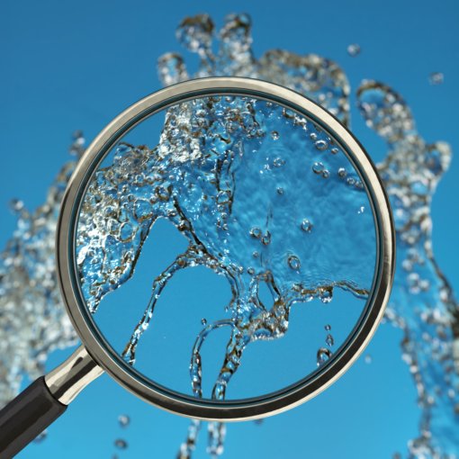 A photo of a magnifying glass examining water, representing ESG metrics and analysis