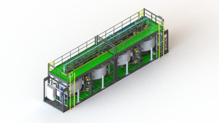A 3D render of a full-scale BrineRefine system with 2 modules (4 reactors).