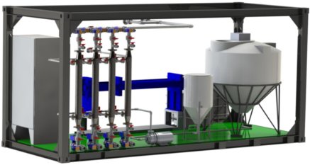 3D rendered image of a SilicaSelect skid showing pipework and reaction tank.