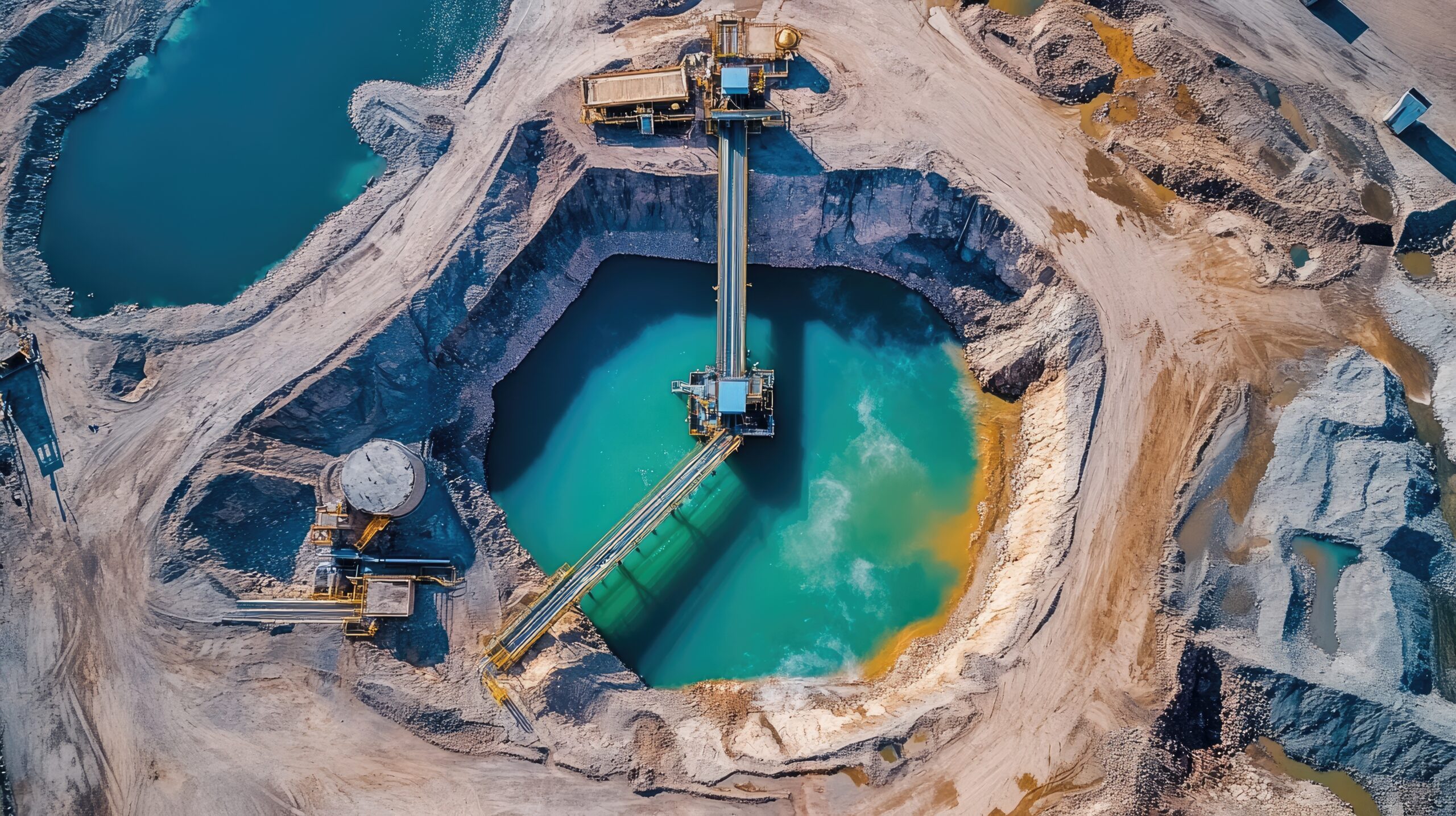 Aerial view of open pit mine showing turquoise water and mining machinery extracting minerals