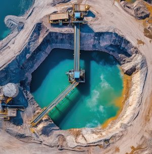 Aerial view of open pit mine showing turquoise water and mining machinery extracting minerals