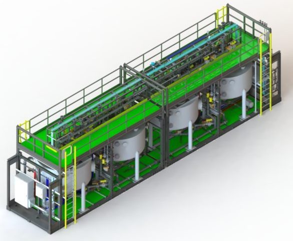 A 3D render of a full-scale BrineRefine system with 2 modules (4 reactors).